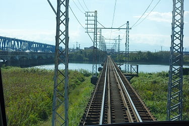 万葉線､運転席越しに見る庄川鉄橋